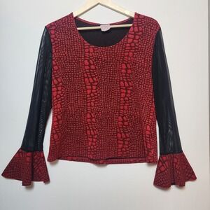 Scorpio Red Crocodile Snake Print Sheer Mesh Bell Sleeve Top Size X-Large